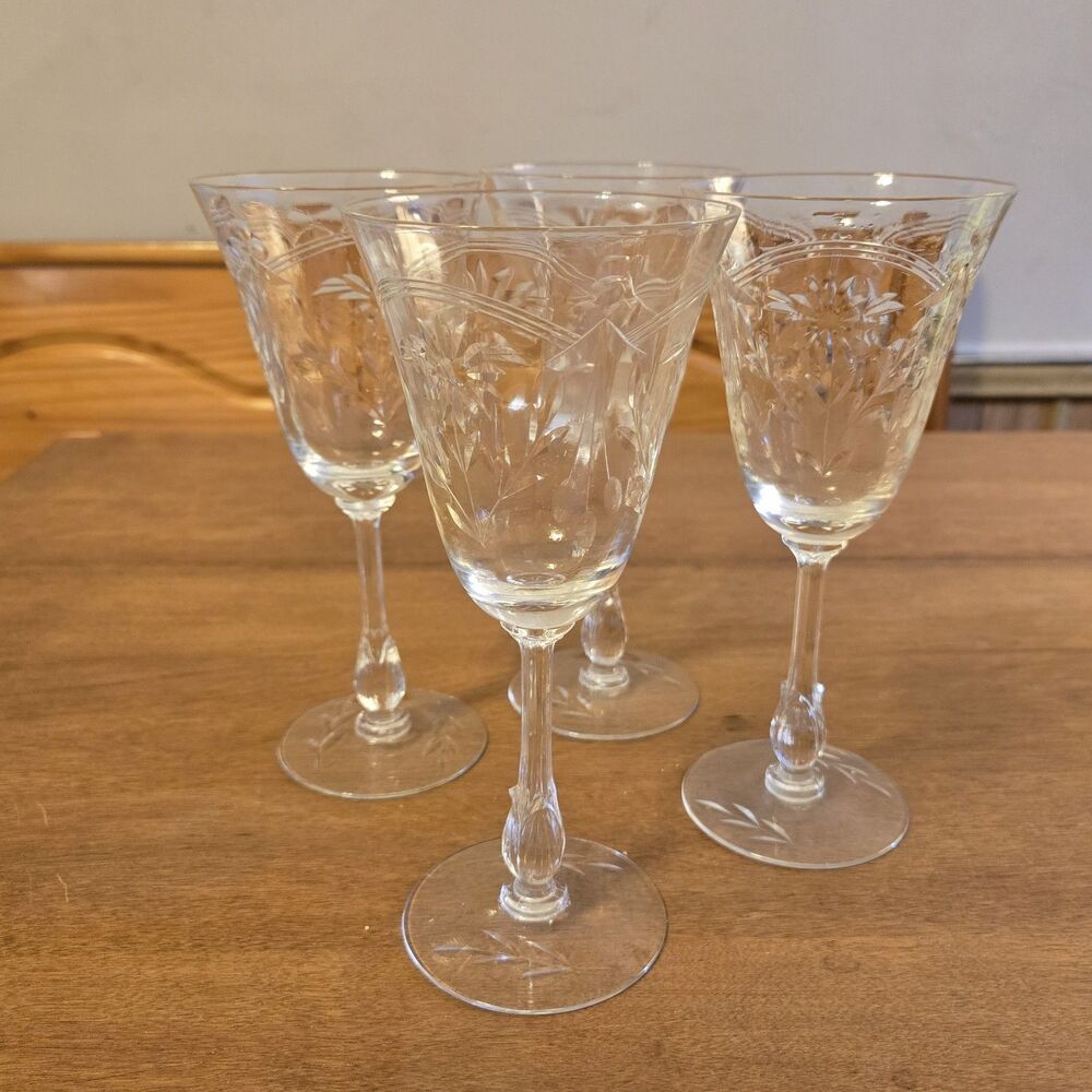 Set of 4 Vintage Etched Floral Thumbprint Wine Glasses with Flower On Stem